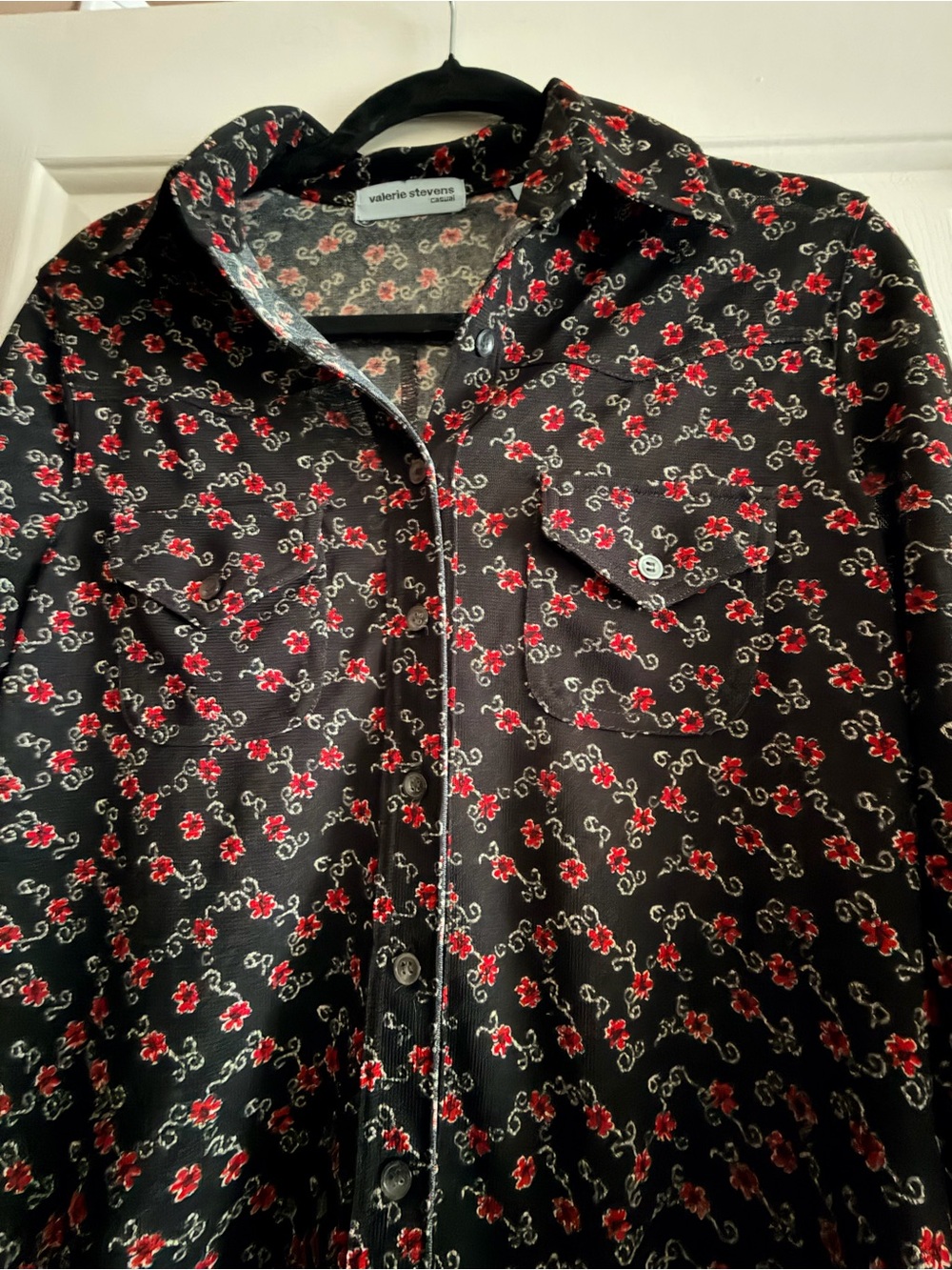 Valerie Stevens Black Button-Down Top with Red Floral Print